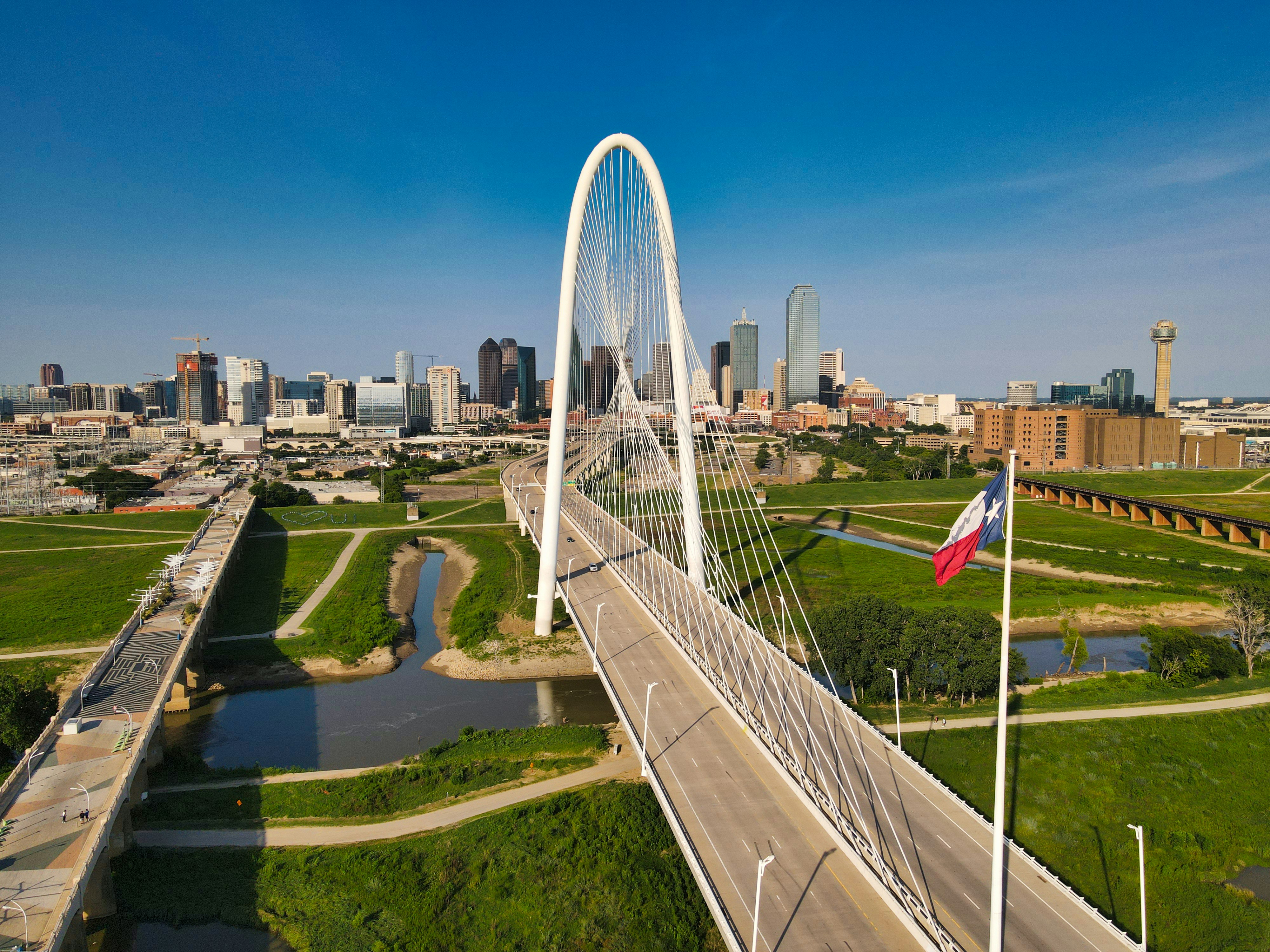 Dallas skyline and Margaret Hunt Hill Bridge